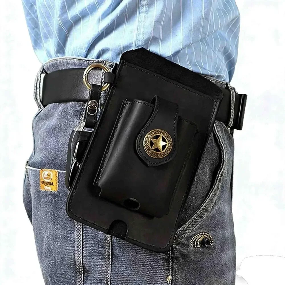 Genuine Leather Phone Belt Holster Case with Clip & Extra Pocket